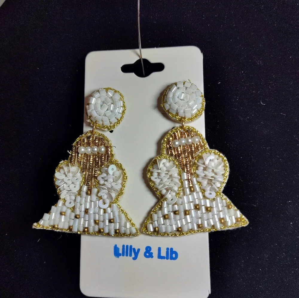 Christmas Angels Earrings White and Gold Beaded